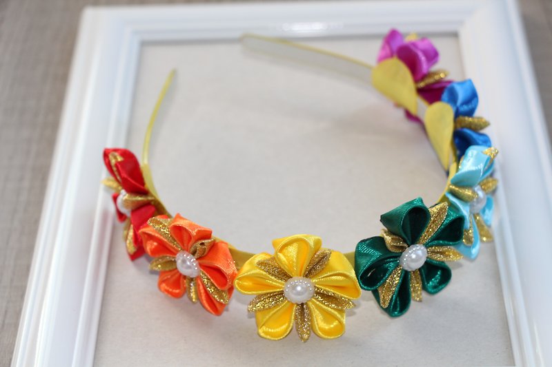 Hair band rainbow Wedding accessories Kanzashi flower headband Colorful crown - Hair Accessories - Other Materials Multicolor