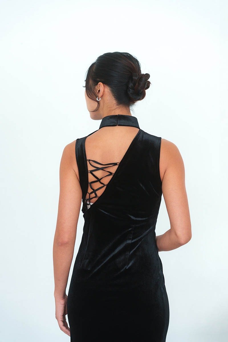 黑魔后綁帶絲絨旗袍 | 香港設計 | 晚宴禮服 | 派對 | 高衩 - 裙子/長裙 - 聚酯纖維 黑色