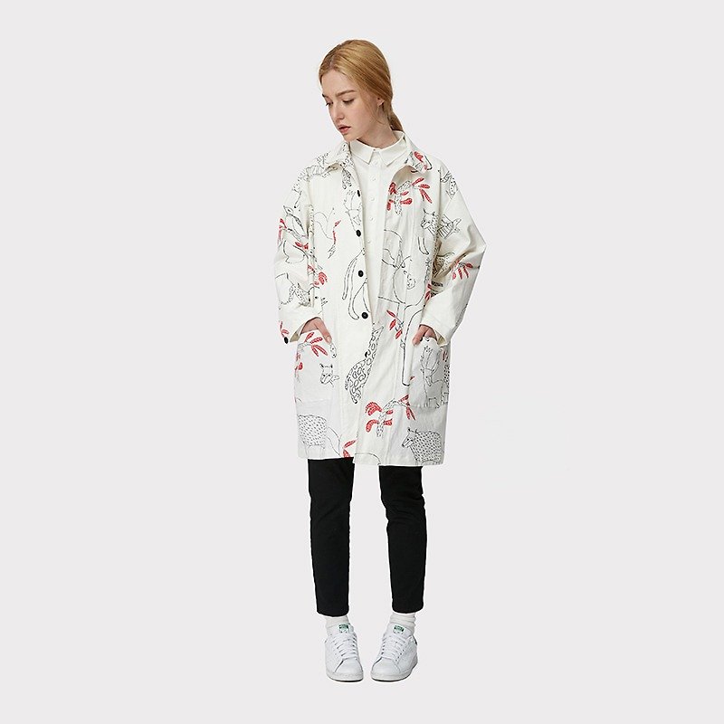Hand-painted cotton printing long sections windbreaker jacket - Women's Casual & Functional Jackets - Other Materials White