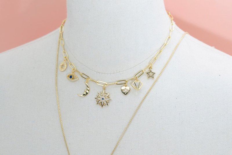 limited edition gold geometric pendant double-layer necklace - สร้อยคอ - โลหะ 