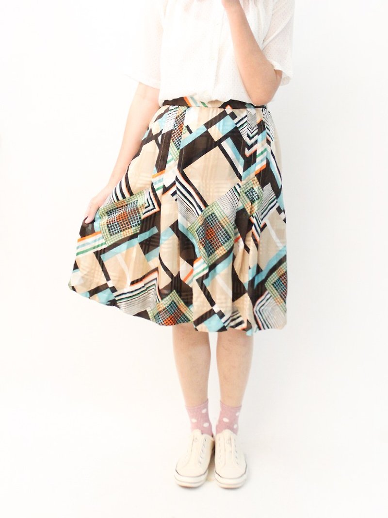 Vintage Summer Geometric Print Khaki Vintage Skirt Vintage Skirt - กระโปรง - เส้นใยสังเคราะห์ สีกากี