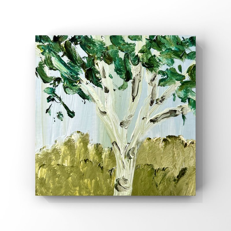 Birch painting original art small birch tree oil painting greenery wall decor - 海報/掛畫/掛布 - 其他材質 卡其色