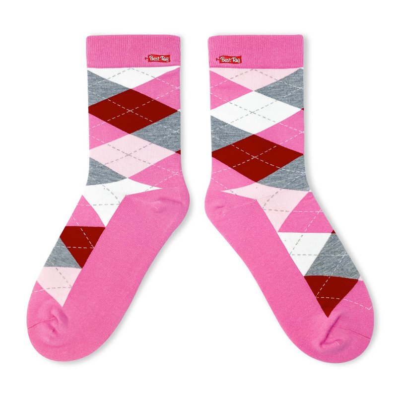 經典菱格紋 粉 - 襪子 - 棉．麻 粉紅色