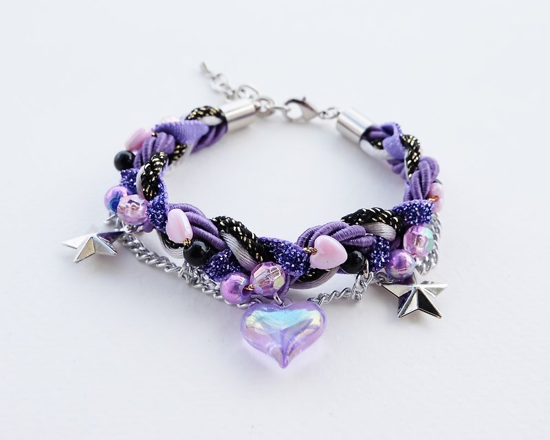 Heart chain braided bracelet in galaxy purple - 手鍊/手環 - 其他材質 紫色