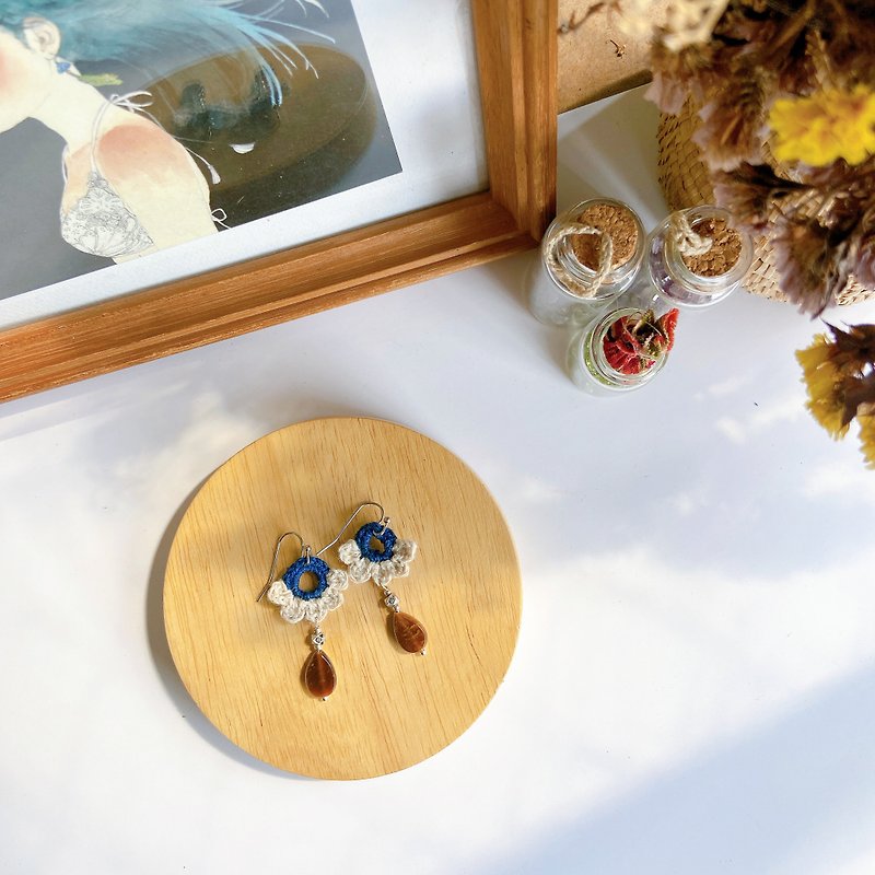 Tiger eye hemp crochet flower dangle earrings - Earrings & Clip-ons - Stone Multicolor