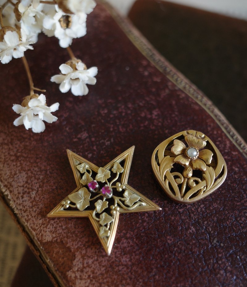 Antique骨董金色新藝術星星小花法國 Bijoux Fix - 胸針 - 其他金屬 金色