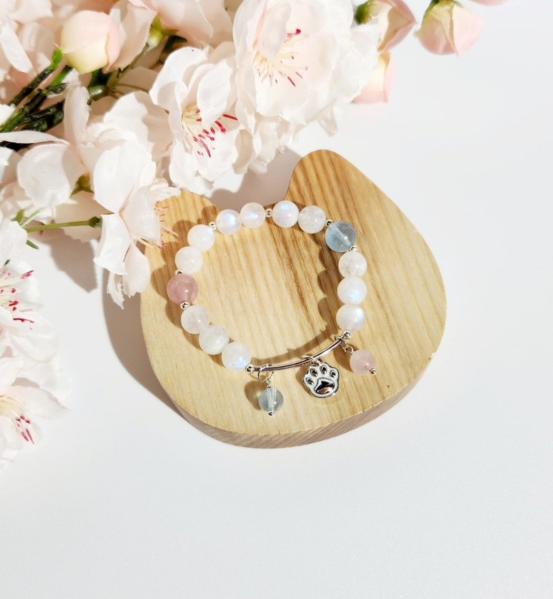 Elegant and fresh - natural blue white moonstone/light rose quartz/aquamarine crystal bracelet - สร้อยข้อมือ - คริสตัล 