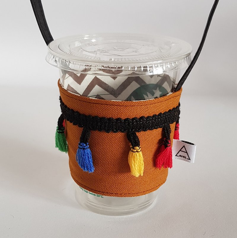 Vintage style colorful tassel drink cup bag / brown - ถุงใส่กระติกนำ้ - ผ้าฝ้าย/ผ้าลินิน สีนำ้ตาล