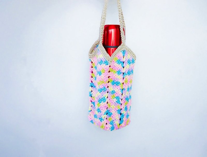 Color dyed ramie hand crochet universal woven bag ice master cup thermos Mason bottle - ถุงใส่กระติกนำ้ - ผ้าฝ้าย/ผ้าลินิน หลากหลายสี