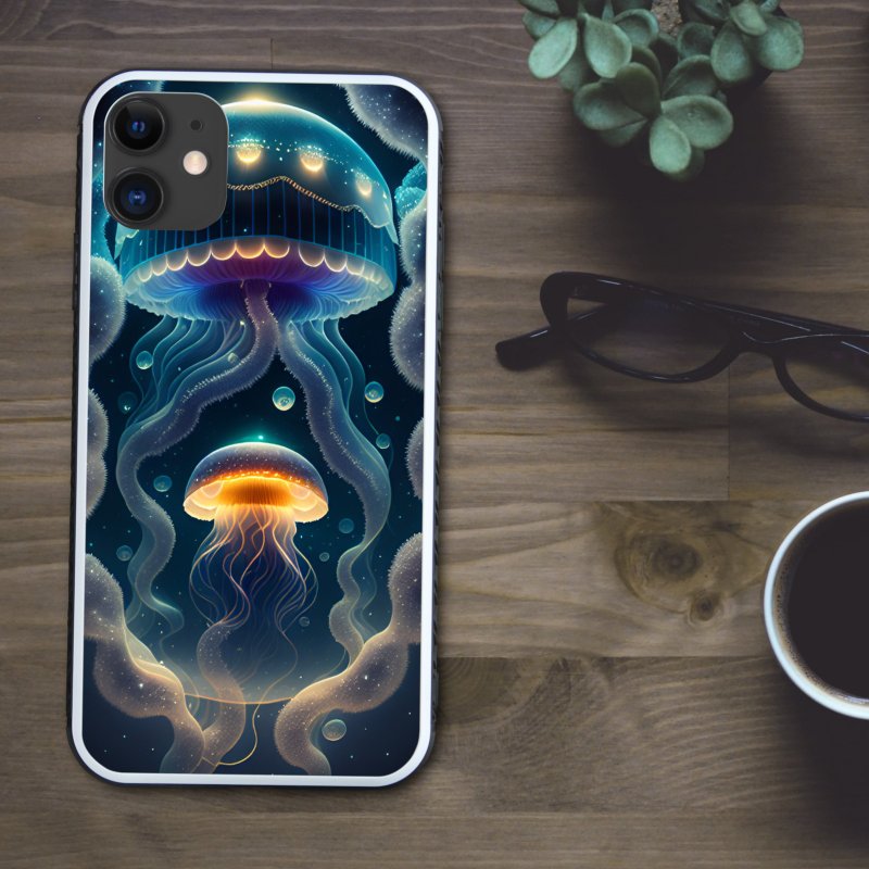 宇宙のような深海で泳ぐ幻想的でゆめかわいいきらびやかなネオン色に光るクラゲ スマホケース【強化ガラス仕上げ】iPhone16 対応 - 手機殼/手機套 - 塑膠 多色