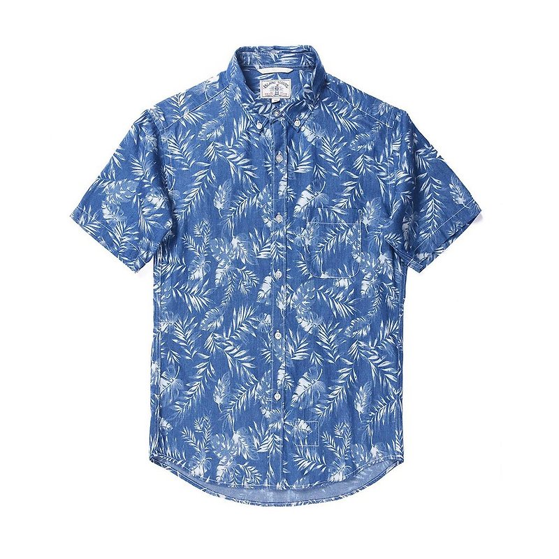 Leaf Discharge Print Denim Short Sleeve Shirt / Dark Blue - เสื้อเชิ้ตผู้ชาย - ผ้าฝ้าย/ผ้าลินิน สีน้ำเงิน