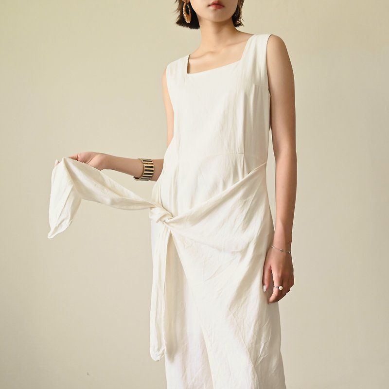【NaSuBi Vintage】 Linen Linen Sleeveless Vintage Dress with Strap Apron - One Piece Dresses - Cotton & Hemp White