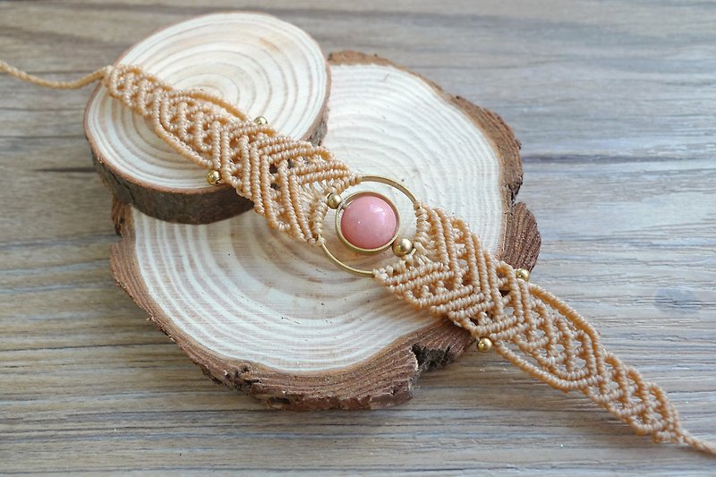 Misssheep- [H15] South American wax braided brass ring pink chalcedony bracelet - สร้อยข้อมือ - วัสดุอื่นๆ สีนำ้ตาล