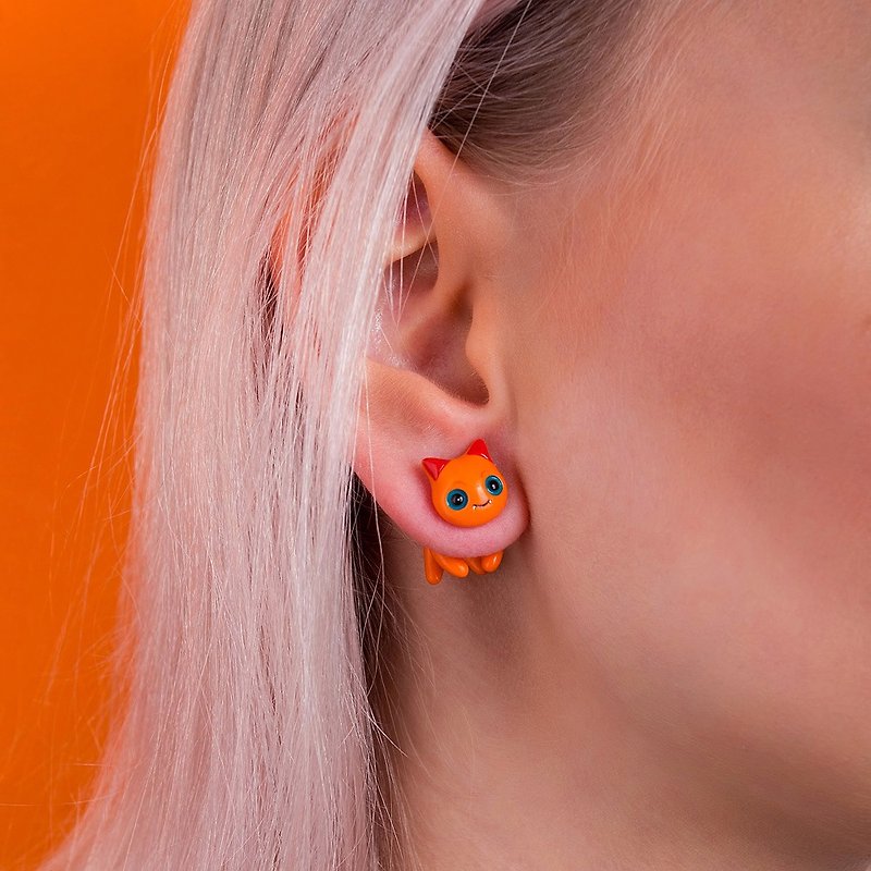 Fire Cat Earrings - Polymer Clay Cat Earrinngs, Fake Gauge / Fake Plug - ต่างหู - ดินเหนียว สีส้ม