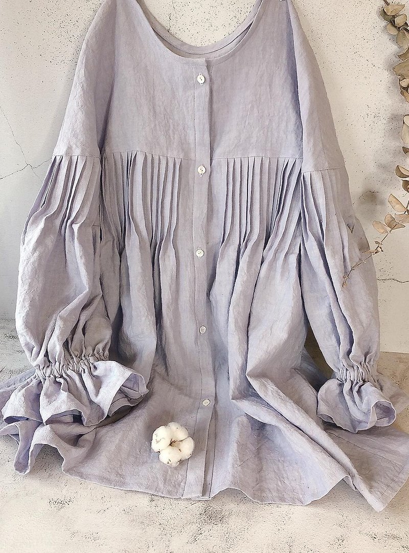 100% Japanese Linen Trim Thread Fine Pressed Cardigan Tunic Blouse Top - เสื้อผู้หญิง - ผ้าฝ้าย/ผ้าลินิน สีม่วง