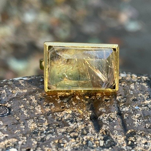 The.M Pinkoi 代購 - 金紅石英 x 祖母綠 LSQ 3D 刻面苔蘚森林雙峰石銀SV925 戒指
