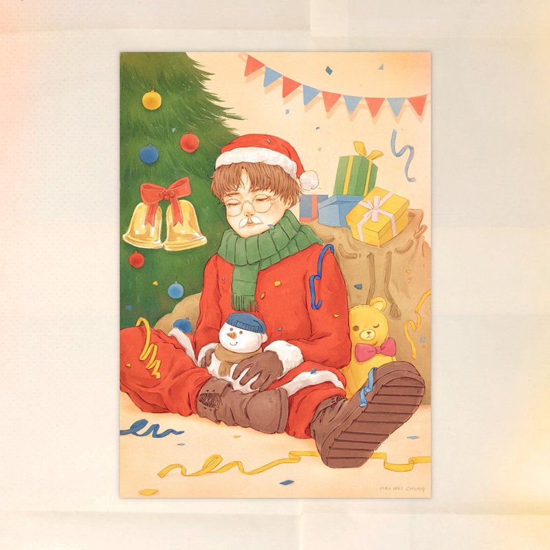 聖誕插畫明信片-小小實習聖誕老人 - 卡片/明信片 - 紙 黑色