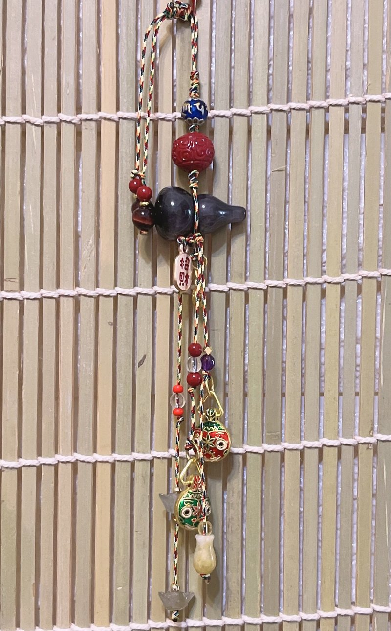 Five-color thread adjustable car hanger ~ Silver Stone gourd & gold-swallowing beast & colorful jade vase & Burmese jade ingot - Lanyards & Straps - Jade 