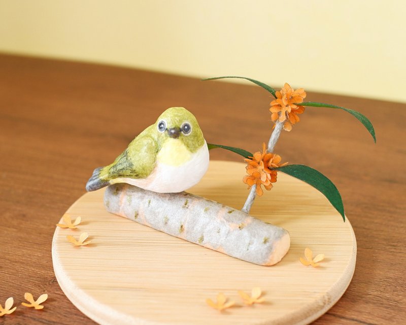 和紙インテリア　メジロと金木犀　四季折々の枝にとまる野鳥シリーズ - 擺飾/家飾品 - 紙 綠色