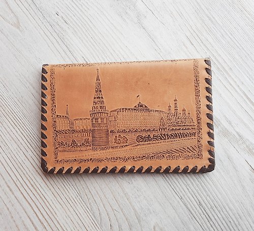 retrorussia moscow kremlin vintage soviet leather wallet beige color made in ussr