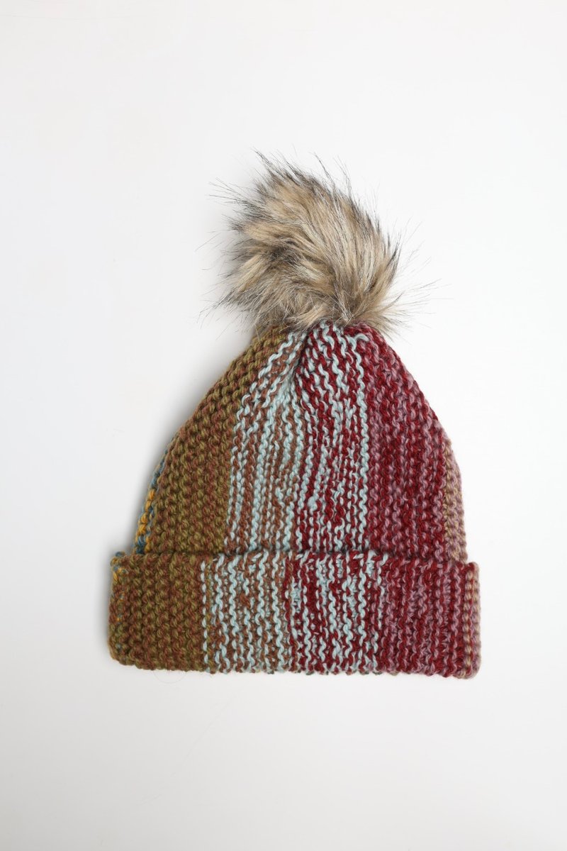 /百變精品/粉黃直條紋雜線毛帽細軟美麗諾純羊毛帽/手工編織藝術 - 帽子 - 羊毛 多色