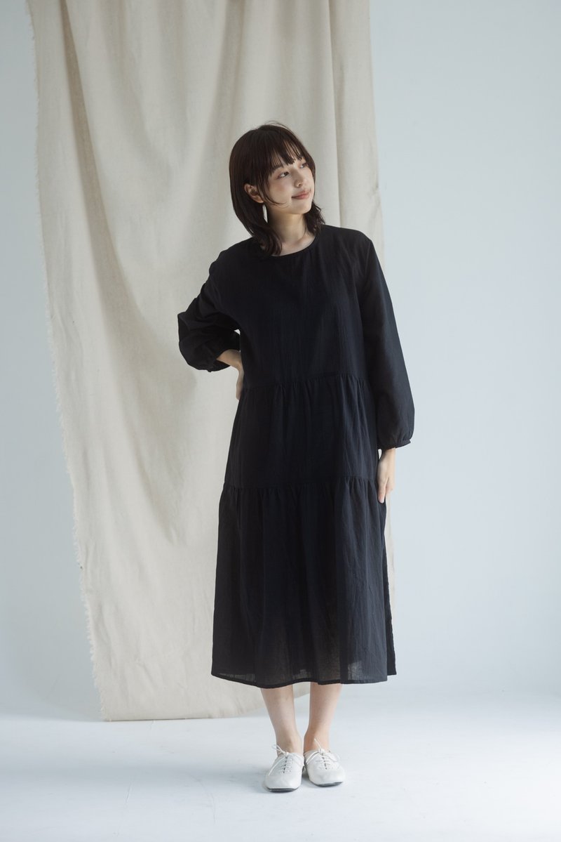 Black long sleeve cotton layered dress - One Piece Dresses - Cotton & Hemp Black