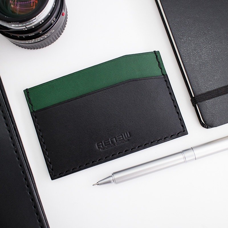 RENEW-Bevel card holder, card holder Italian vegetable tanned leather hand-made hand-sewn - Card Holders & Cases - Genuine Leather Green