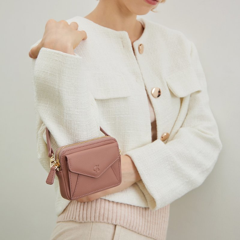 Valen (Tearose) : Mini wallet, short wallet, cow leather, Nude-pink, Zip pouch - 長短皮夾/錢包 - 真皮 粉紅色