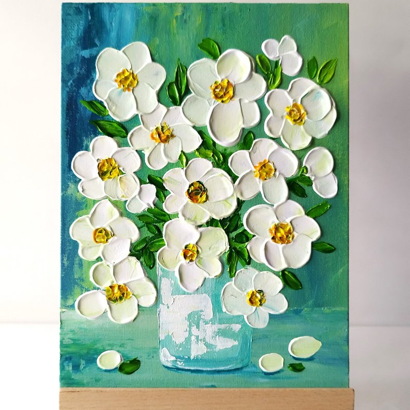 Acrylic Painting of Bouquet of White Flowers: Textured Floral Art - ตกแต่งผนัง - อะคริลิค หลากหลายสี