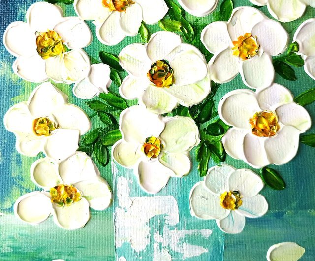 白い花の花束のアクリル画: テクスチャード フラワー アート
