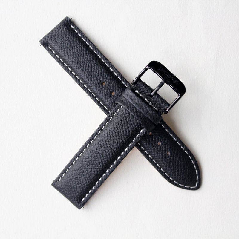 Embossed black leather strap / 20mm-white line - สายนาฬิกา - หนังแท้ สีดำ