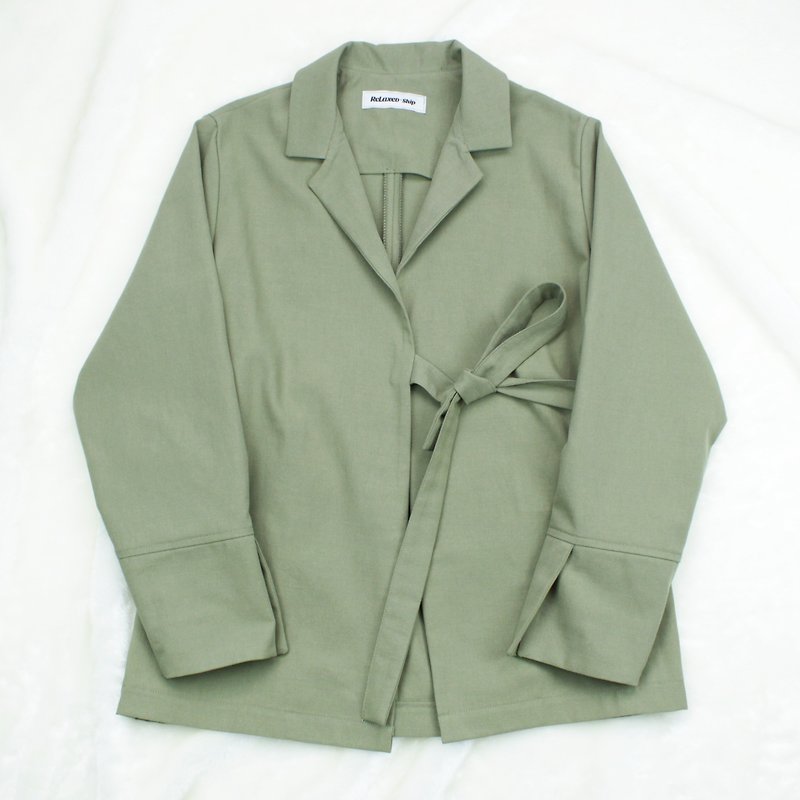 綁帶襯衫外套 - 淺橄欖 - 外套/大衣 - 棉．麻 綠色