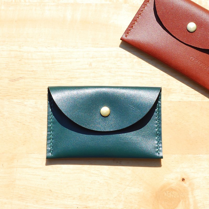 Handy business card holder / coin purse-round leather hand stitched (green) - ที่เก็บนามบัตร - หนังแท้ สีเขียว