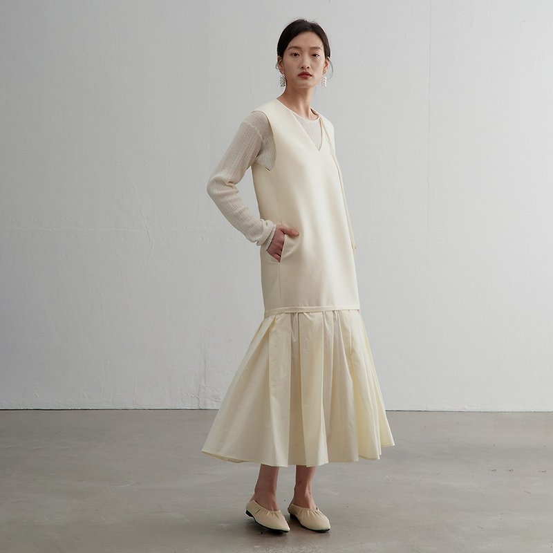 フェイクツーピースパッチワークベストドレス | 春スタイル | Autumn-0012 - ワンピース - ウール 