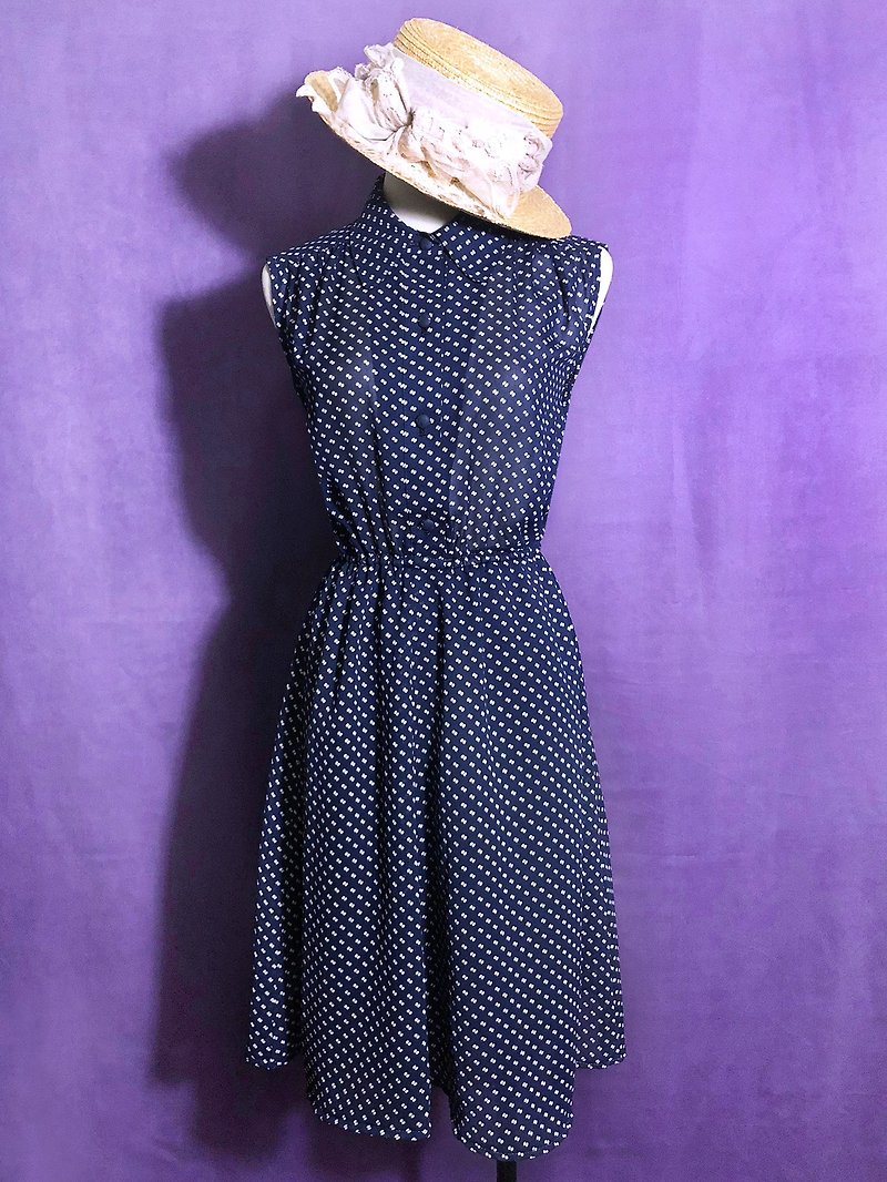 Little dark blue chiffon sleeveless vintage dress / brought back to VINTAGE abroad - One Piece Dresses - Polyester Blue