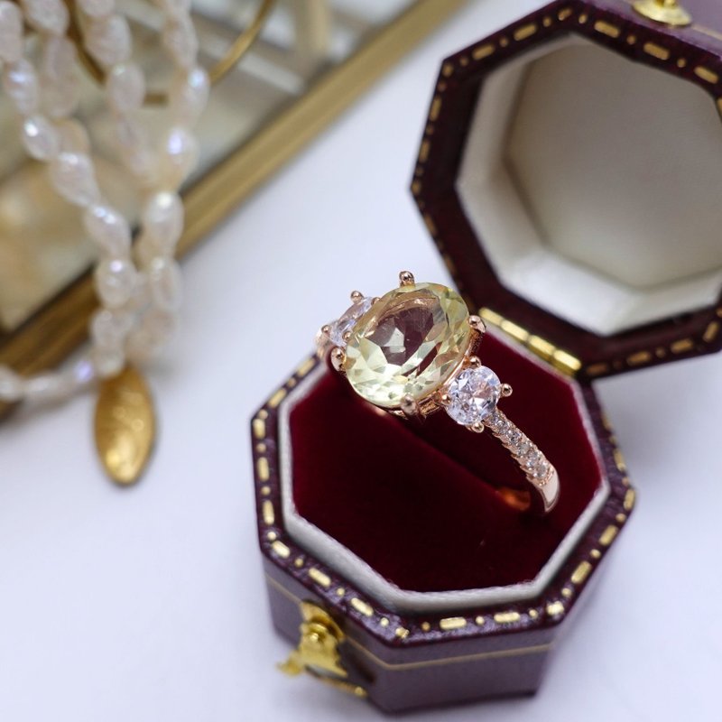 能量黃水晶 天然黃水晶 能量水晶 柔美玫瑰金設計 純銀戒 禮物 - 戒指 - 純銀 黃色