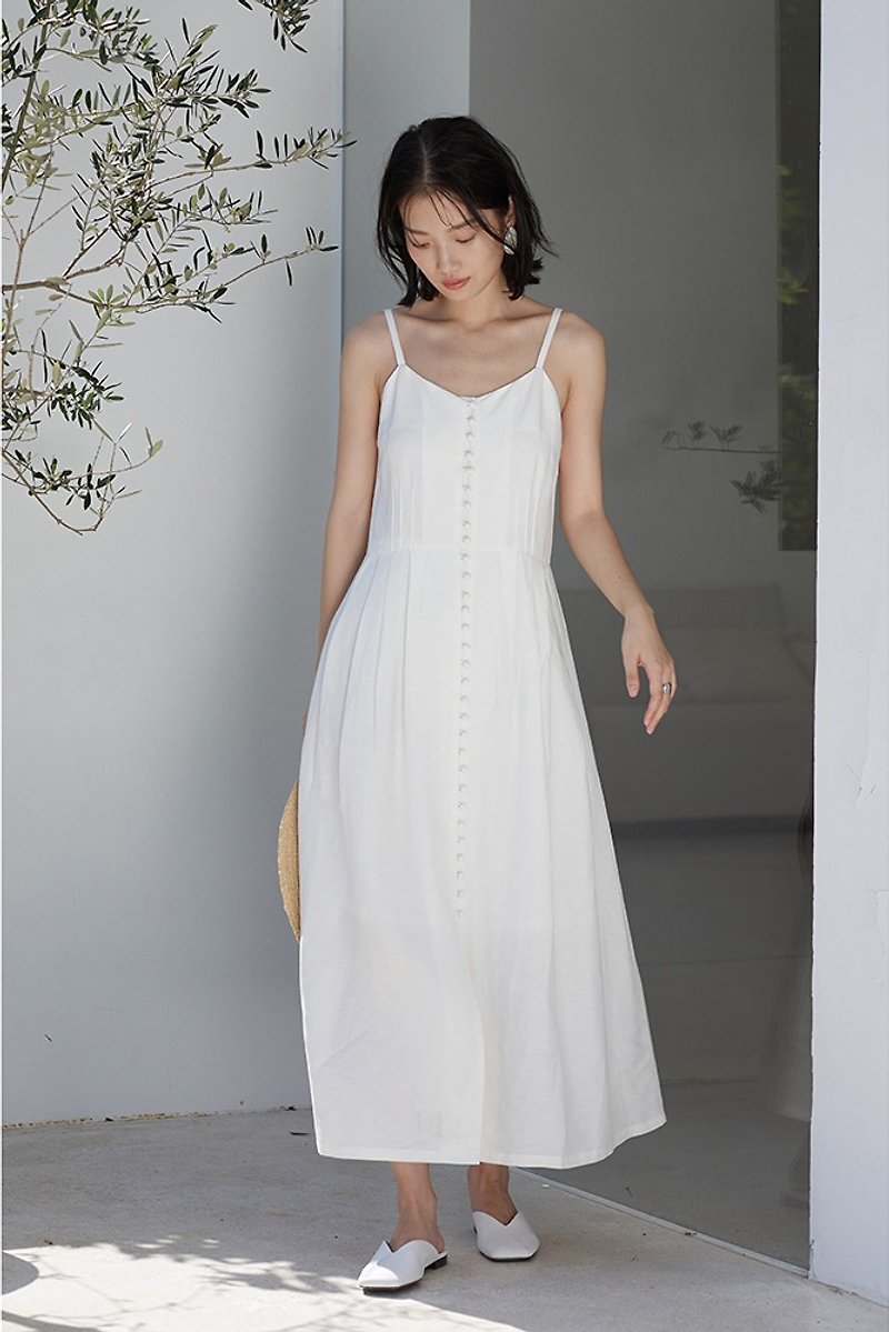 White style exquisite buckle retro linen dress cotton pleated spaghetti strap dress - One Piece Dresses - Cotton & Hemp White
