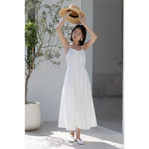 White style exquisite buckle retro linen dress cotton pleated spaghetti strap dress