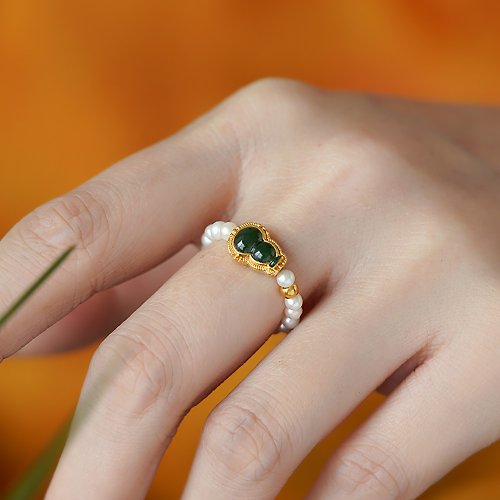 VISHI未時東方美學珠寶 18k金翡翠葫蘆珍珠戒指 未時黃金天然強光正圓輕奢氣質女款禮物