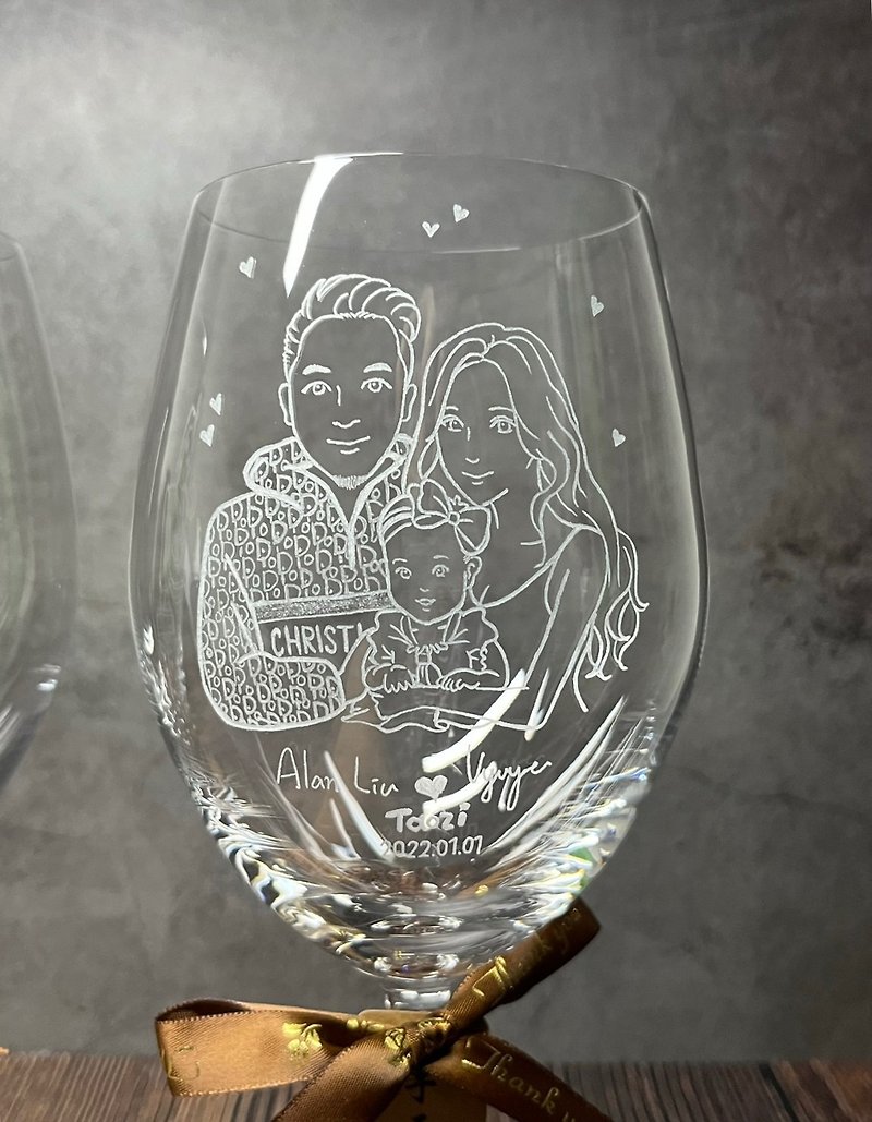 【客製化禮物】全家福雕刻 雙人正面可愛似顏繪  玻璃杯 紅酒杯 - 似顏繪/客製畫像 - 玻璃 透明