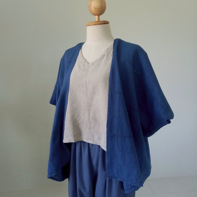 手織りオープンフロントカーディガン / 藍 透かし模様 / 草木染めコットン - 女上衣/長袖上衣 - 棉．麻 藍色