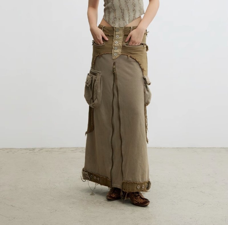 Vintage Cargo Skirt 復古水洗毛邊工裝半裙 - 裙子/長裙 - 其他材質 綠色