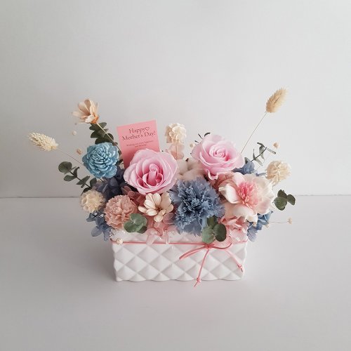 flower&house 母親節∣永生花+乾燥花∣霧藍櫻花粉∣永生康乃馨玫瑰