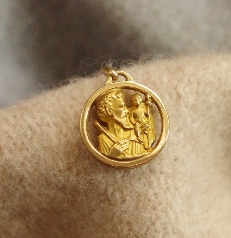 骨董FIX聖克里斯多福Saint Christopher法國耶穌基督聖經老墜子 - 項鍊 - 其他金屬 金色