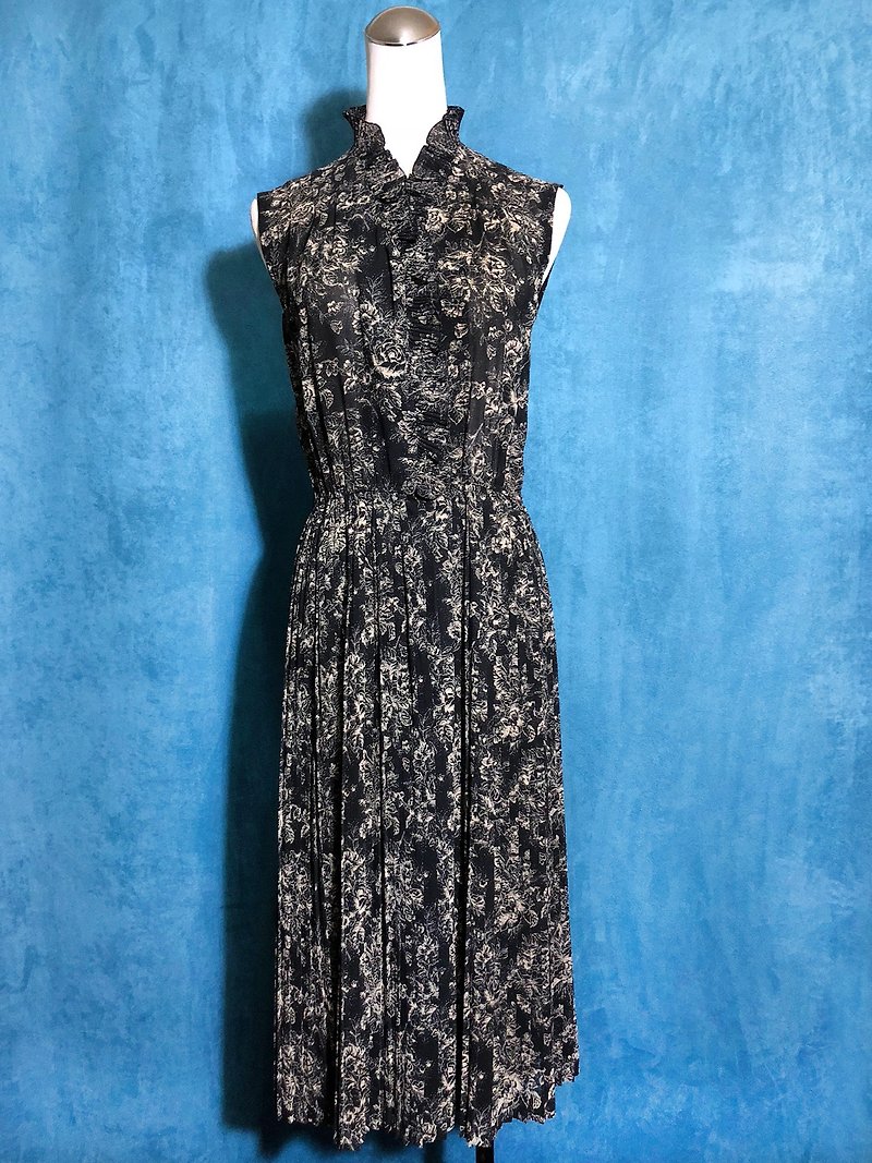Pingpong vintage [Vintage dress / Lotus leaf printing art sleeveless vintage dress] bring back VINTAGE - One Piece Dresses - Polyester Black