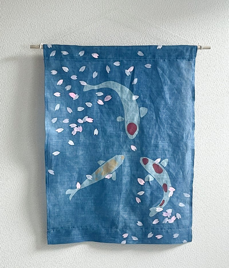 日本製 訳あり　鯉に恋する桜 Sakura Carp Tapestry cherry blossom Indigo dyed 藍染タペストリー - ウォールデコ・壁紙 - コットン・麻 ブルー