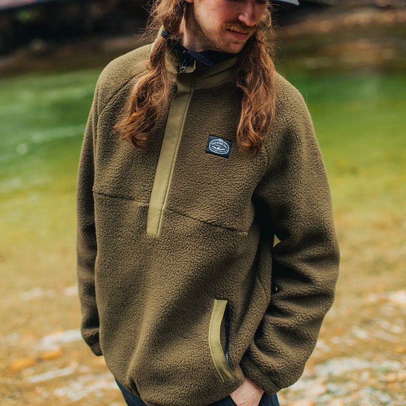 POLER CAMP SHERPA ANORAK 刷毛套頭上衣 休閒小立領上衣 森林綠 - 男毛衣/針織衫 - 其他材質 卡其色