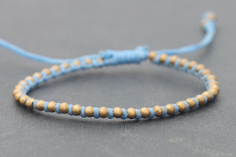 Baby Blue Brass Bracelets Soft Pastel Beaded Woven Free Size Minimal - Bracelets - Cotton & Hemp Blue