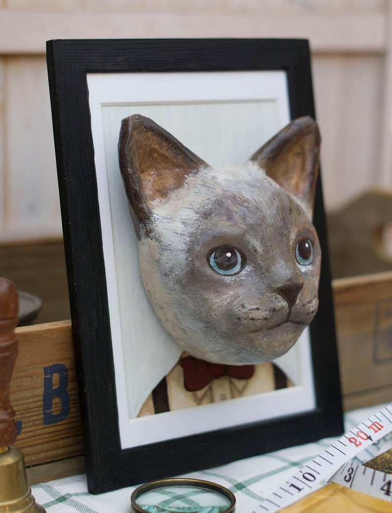Paper cat head with wood frame - โปสเตอร์ - กระดาษ สีเทา