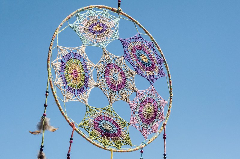 Woven cotton Linen rainbow colors Dreamcatcher Charm - Kaleidoscope crocheted flowers rainbow tie 41cm (oversized) - Items for Display - Cotton & Hemp Multicolor